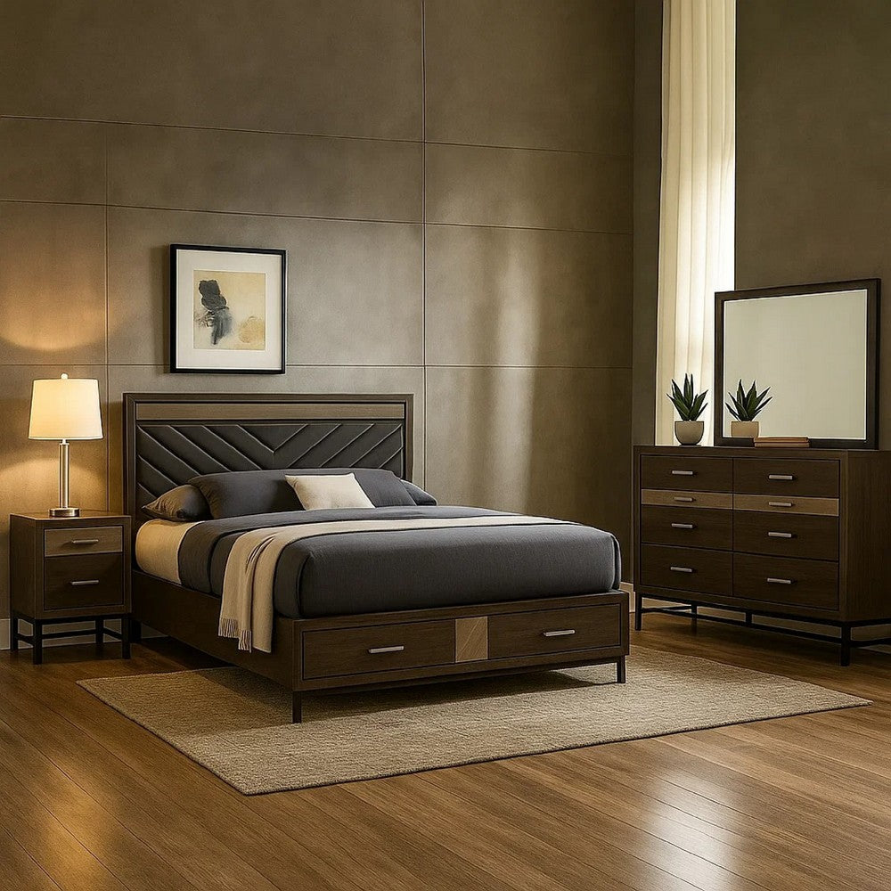 Lito 4pc Complete Queen Bedroom Set | Gray Upholstery | Footboard Drawers