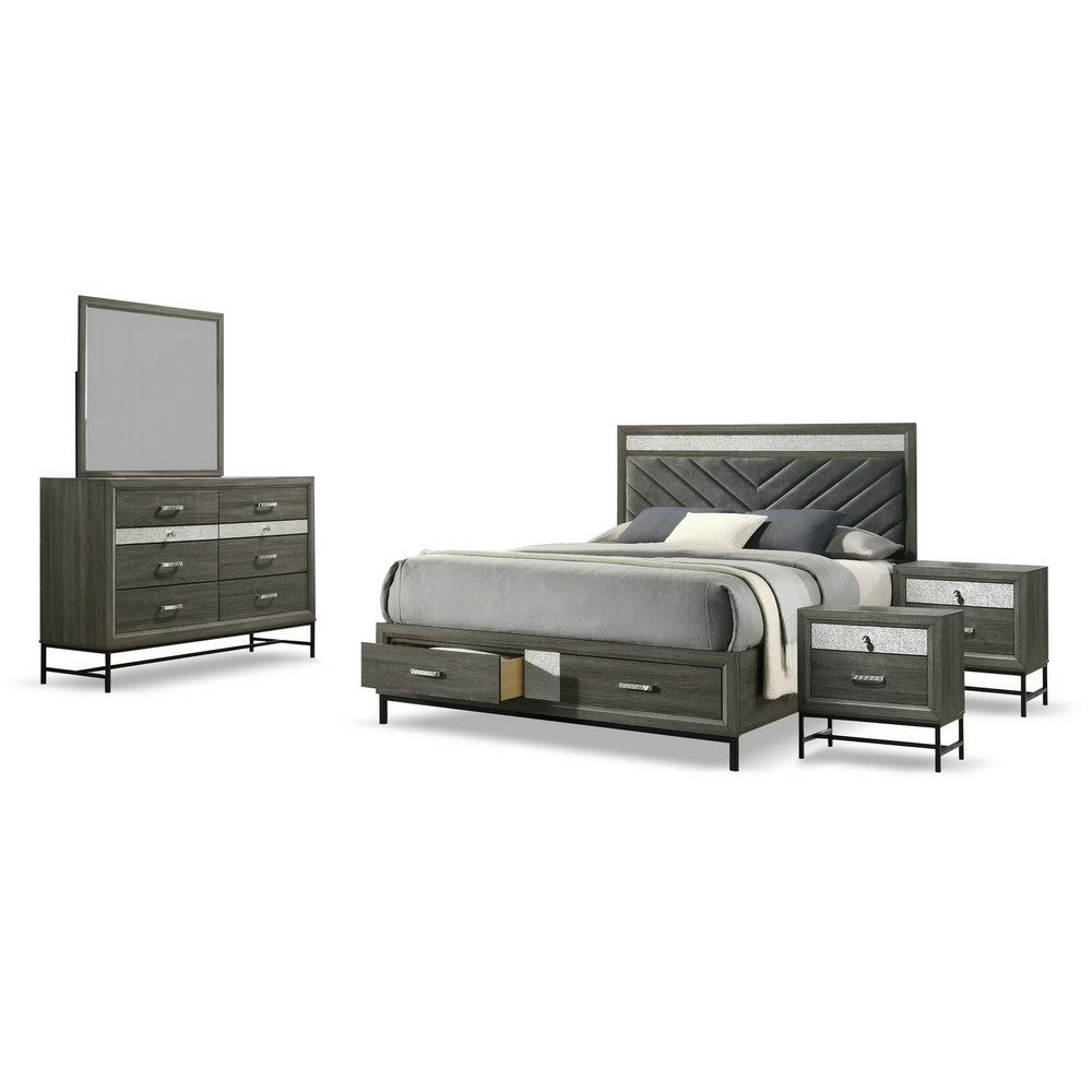 Lito 5pc Queen Bedroom Set | 2 Nightstands | Gray Upholstery | Storage Bed