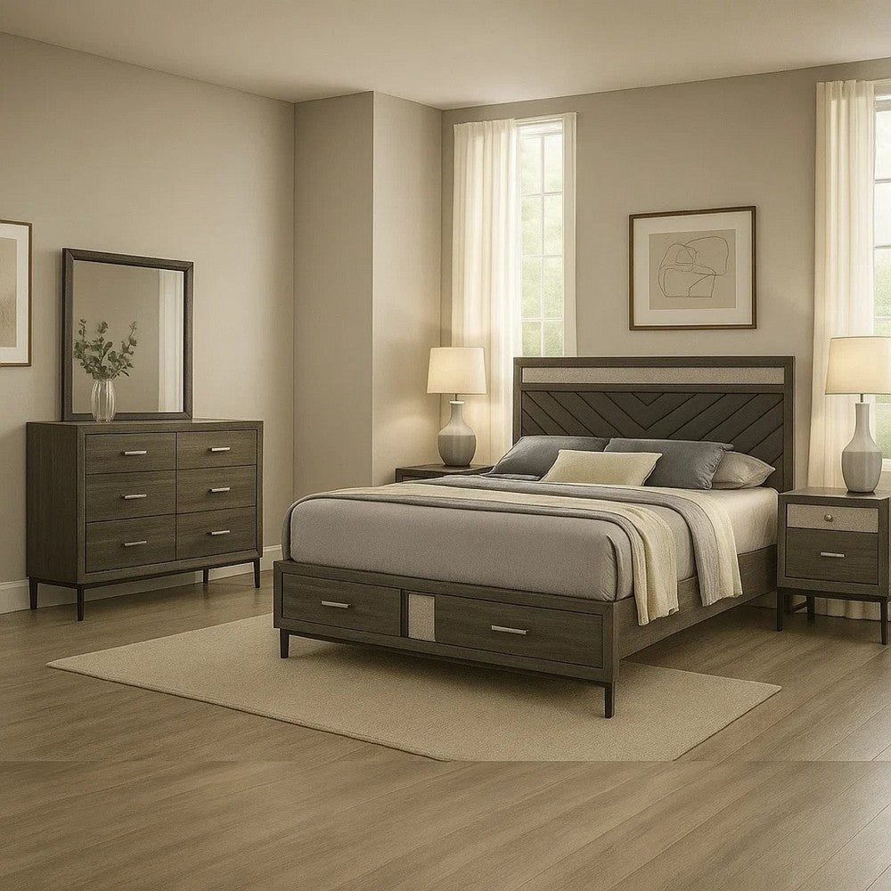 Lito 5pc Queen Bedroom Set | 2 Nightstands | Gray Upholstery | Storage Bed