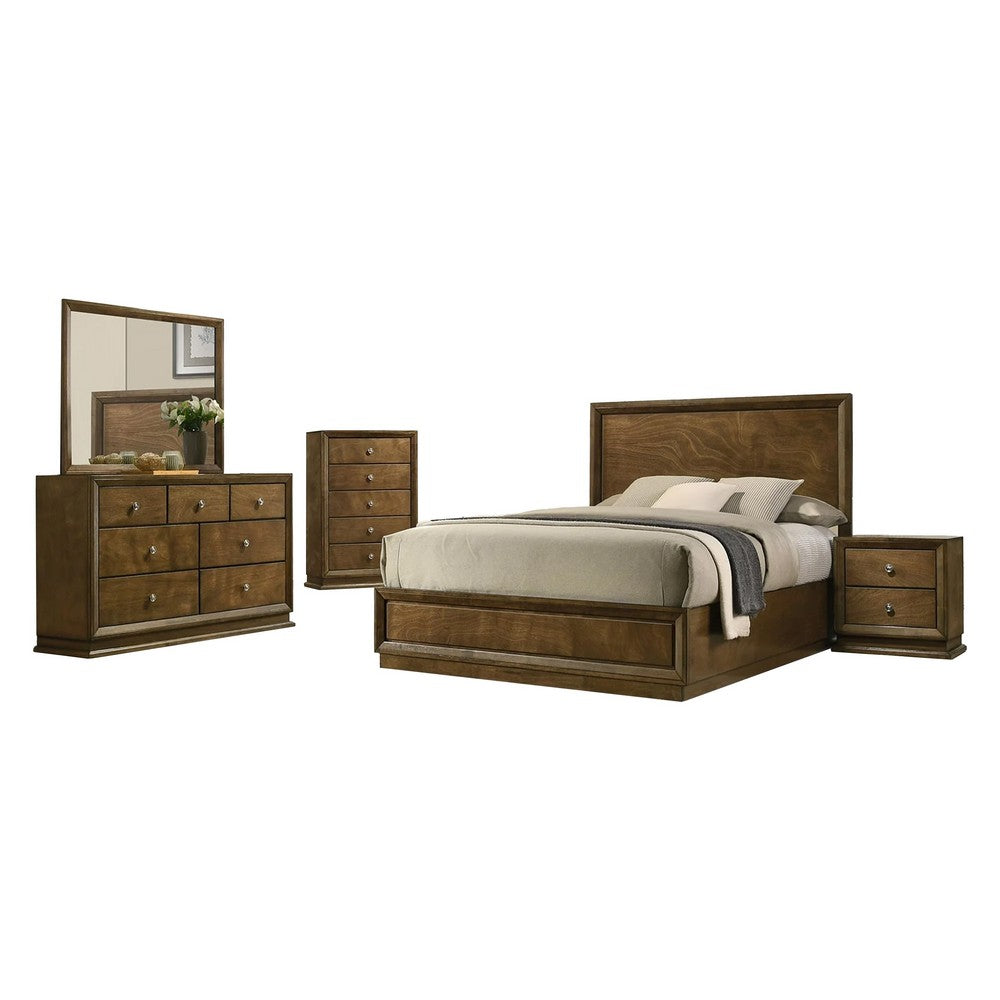 Rouk 5pc Queen Bedroom Set | Walnut Brown Wood | Bronze | Tall Dresser