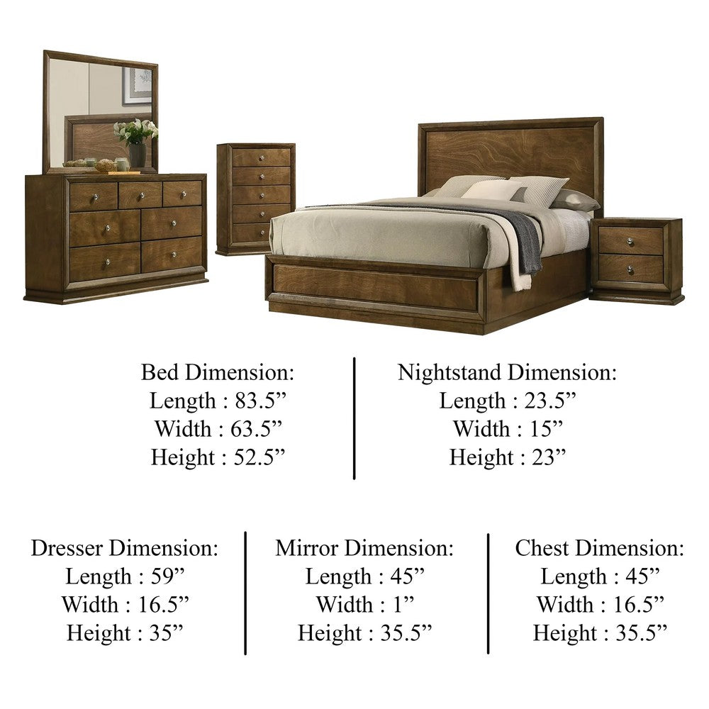 Rouk 5pc Queen Bedroom Set | Walnut Brown Wood | Bronze | Tall Dresser