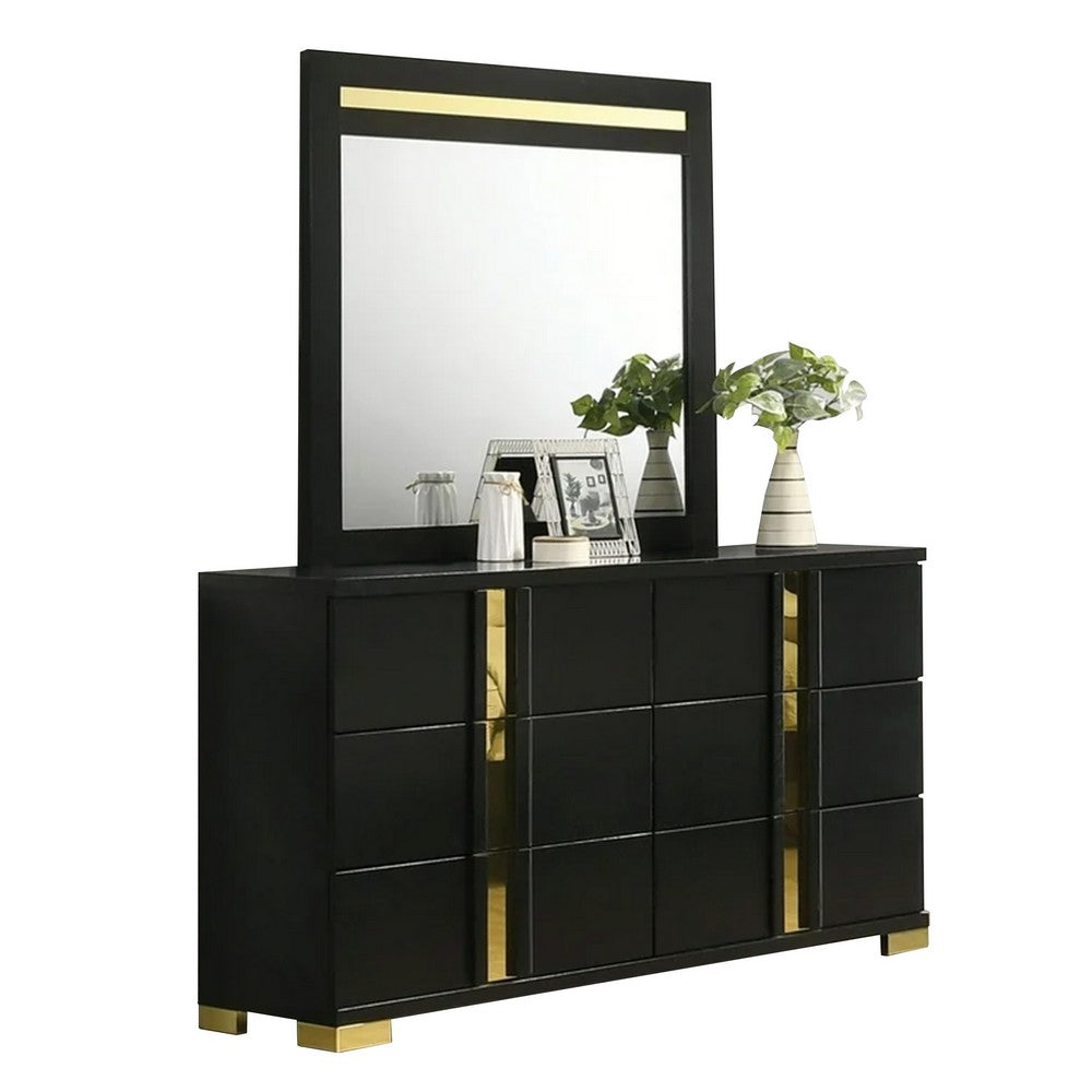 Yoki 4pc Queen Bedroom Set w Underbed LED | Black Wood & Gold Accents