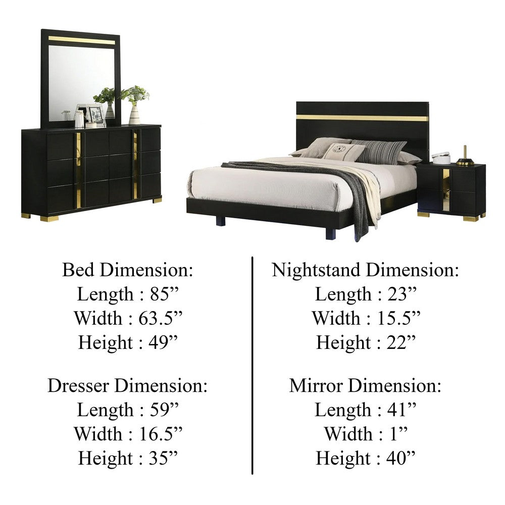 Yoki 4pc Queen Bedroom Set w Underbed LED | Black Wood & Gold Accents