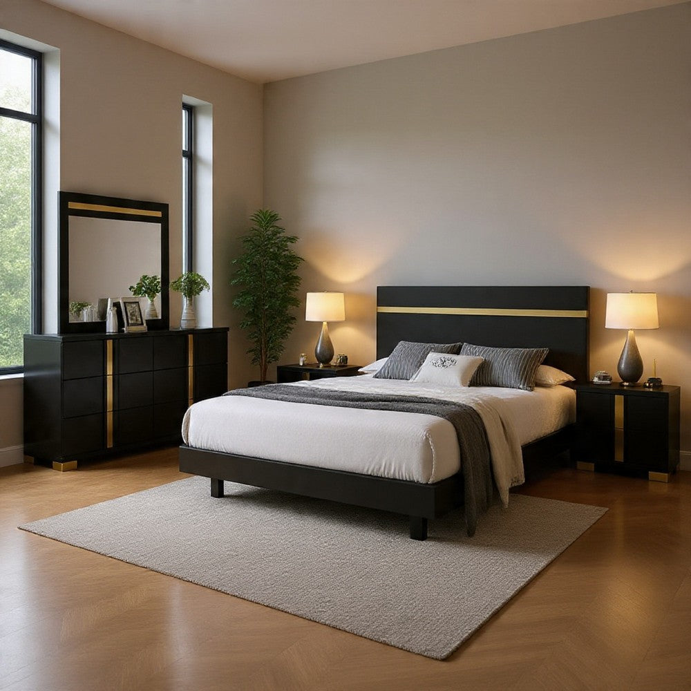 Yoki 4pc Queen Bedroom Set w Underbed LED | Black Wood & Gold Accents