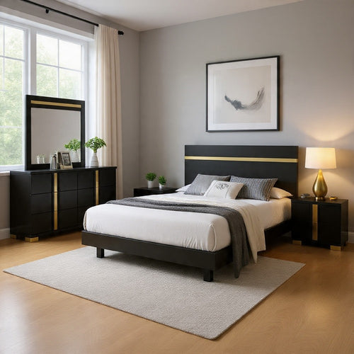 Yoki 4pc Queen Bedroom Set w Underbed LED | Black Wood & Gold Accents