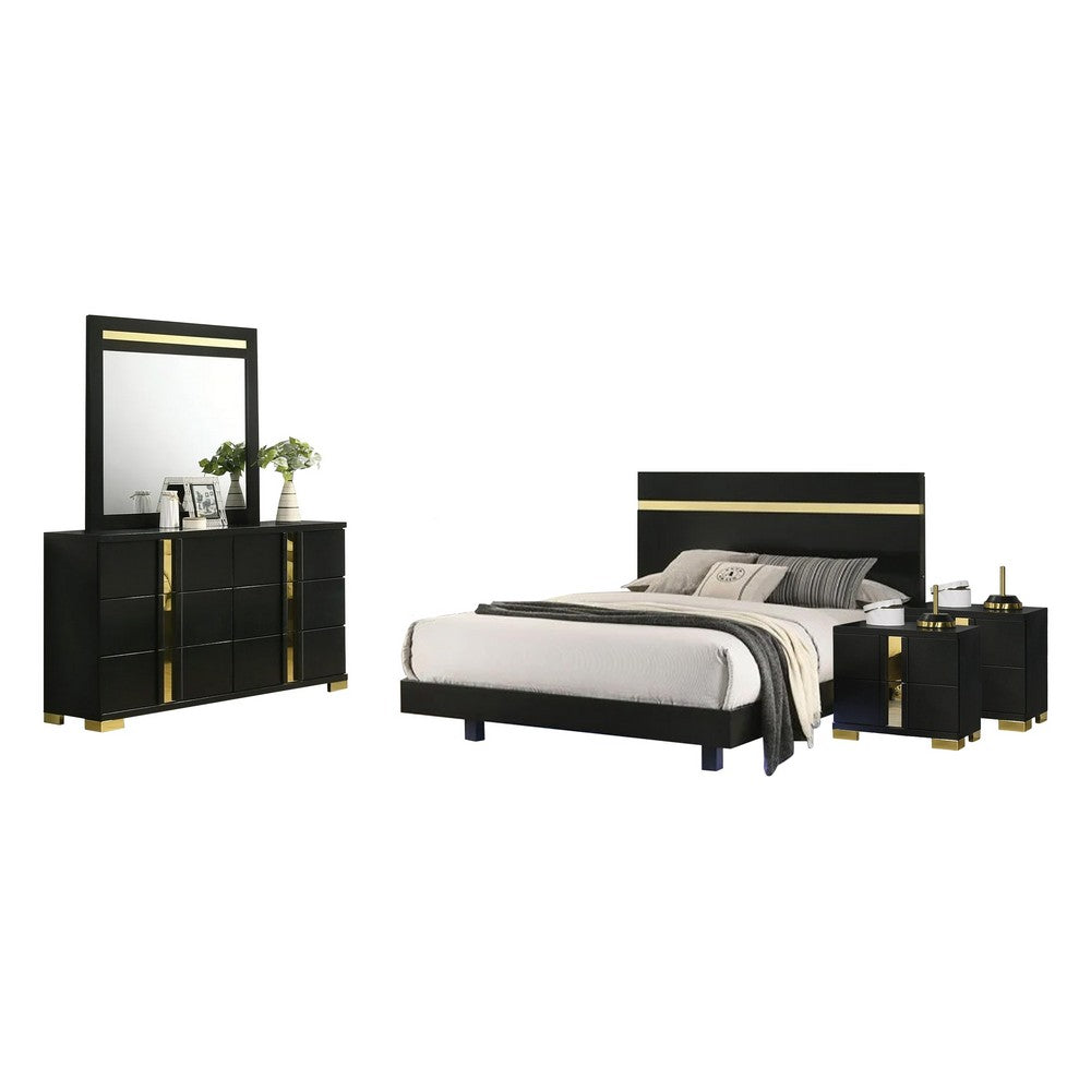 Yoki 5pc Queen Bedroom Set w Underbed LED | Black & Gold | 2 Nightstands