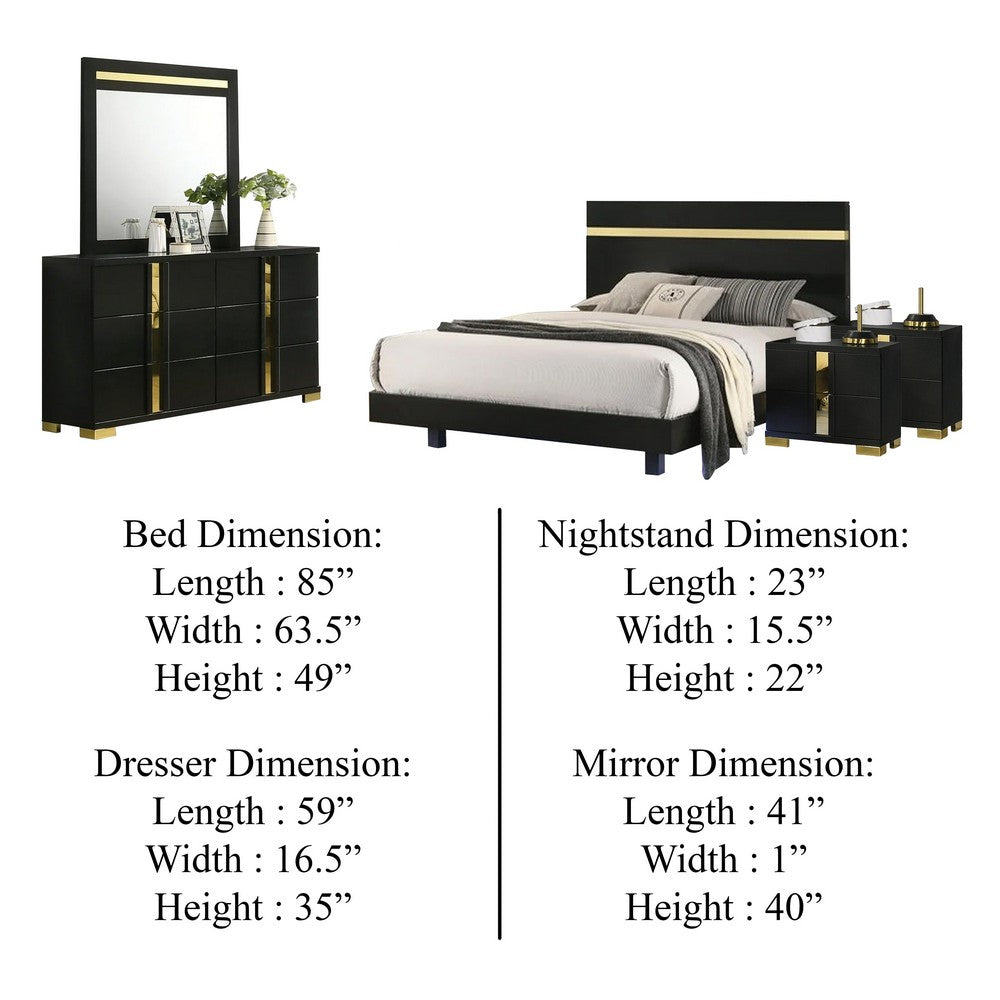 Yoki 5pc Queen Bedroom Set w Underbed LED | Black & Gold | 2 Nightstands