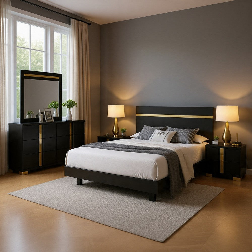 Yoki 5pc Queen Bedroom Set w Underbed LED | Black & Gold | 2 Nightstands
