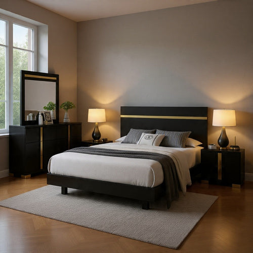 Yoki 5pc Queen Bedroom Set w Underbed LED | Black & Gold | 2 Nightstands