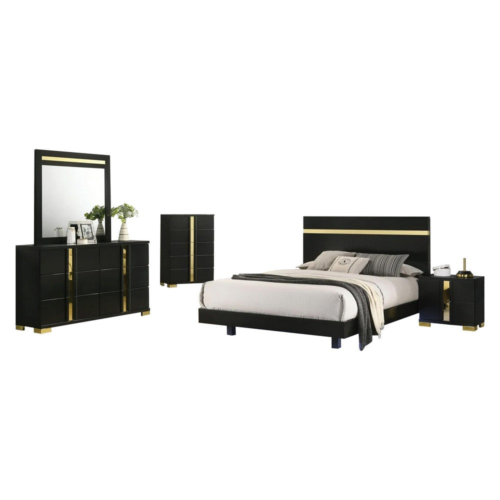Yoki 5pc Queen Bedroom Set w Underbed LED | Black & Gold | Tall Dresser