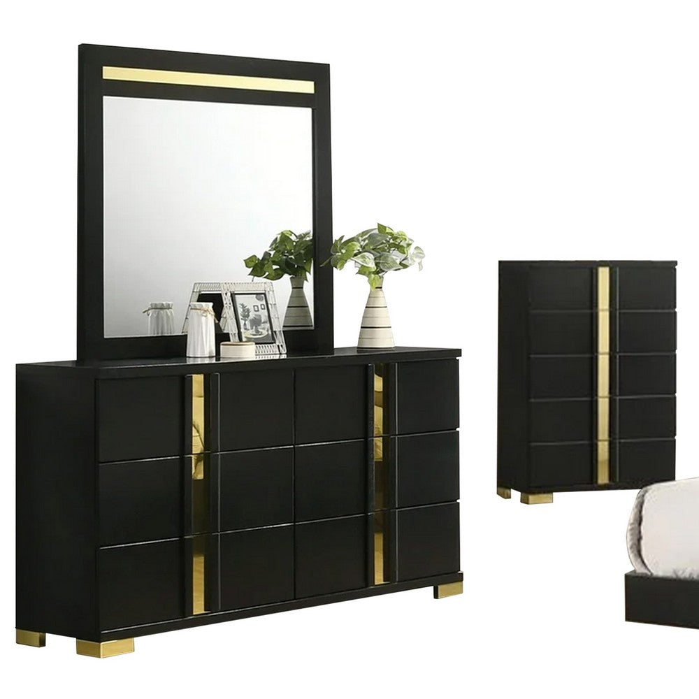 Yoki 5pc Queen Bedroom Set w Underbed LED | Black & Gold | Tall Dresser