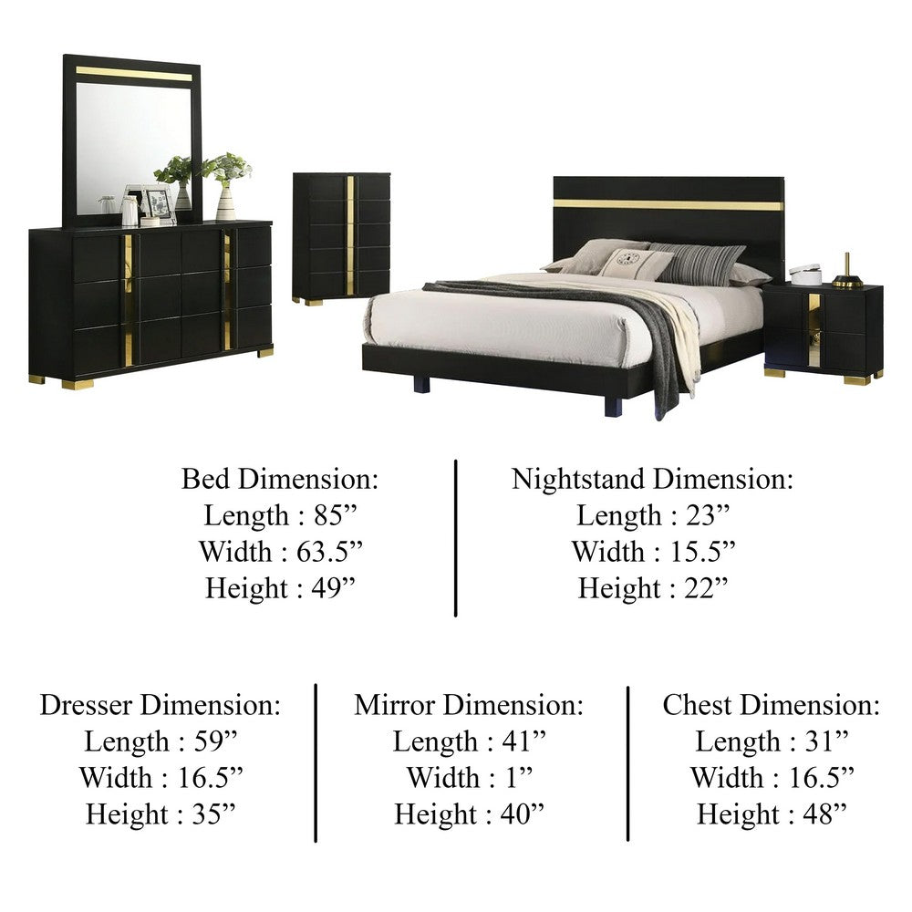 Yoki 5pc Queen Bedroom Set w Underbed LED | Black & Gold | Tall Dresser