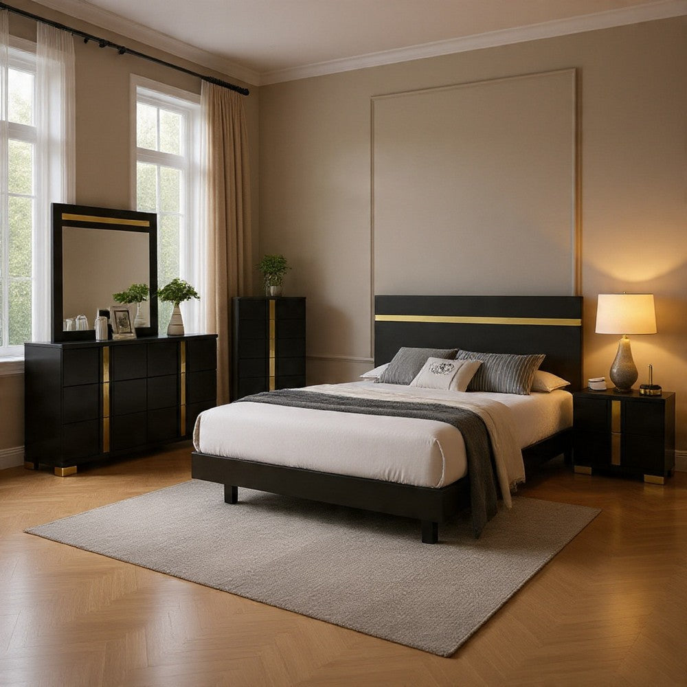 Yoki 5pc Queen Bedroom Set w Underbed LED | Black & Gold | Tall Dresser