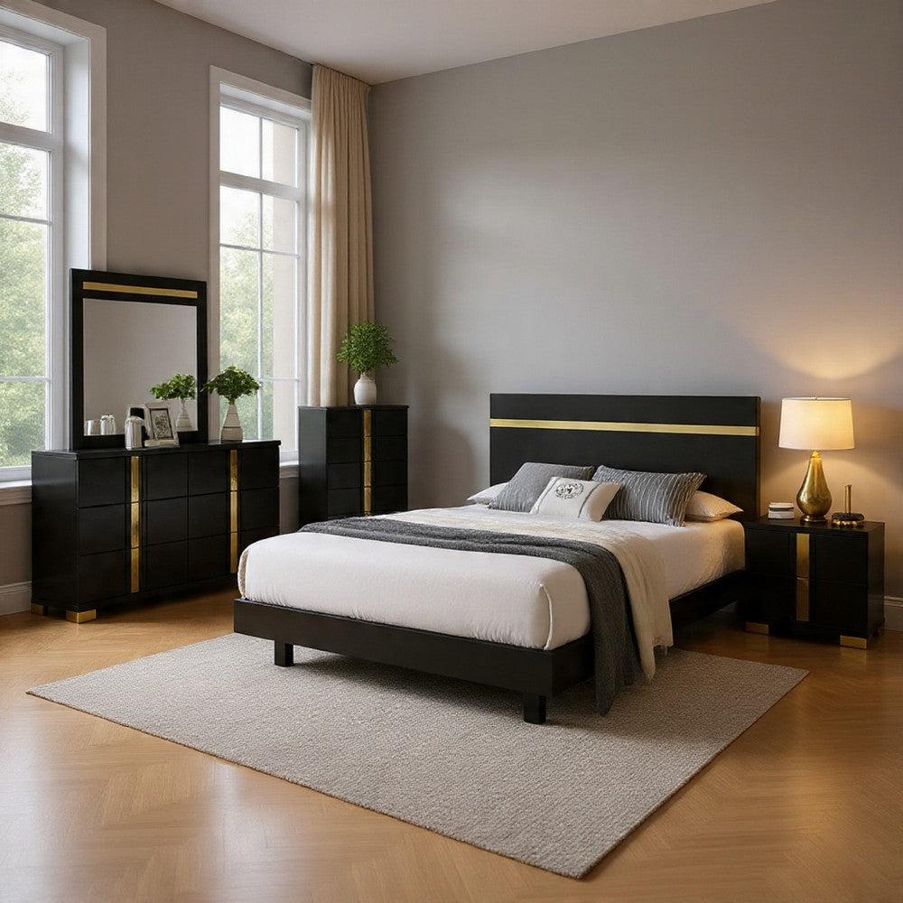 Yoki 5pc Queen Bedroom Set w Underbed LED | Black & Gold | Tall Dresser