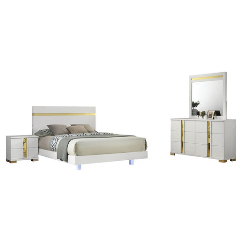 Yoki 4pc Queen Bedroom Set w Underbed LED | White Wood & Gold Accents
