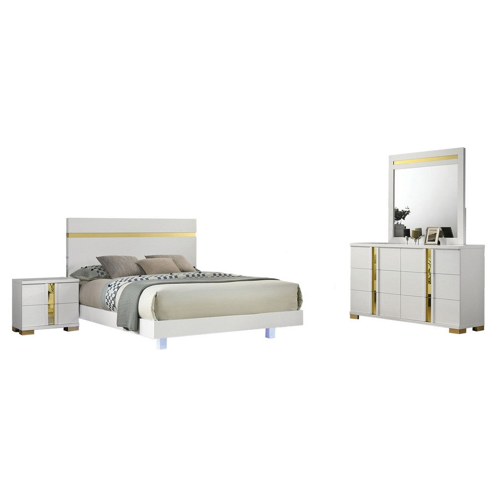 Yoki 4pc Queen Bedroom Set w Underbed LED | White Wood & Gold Accents