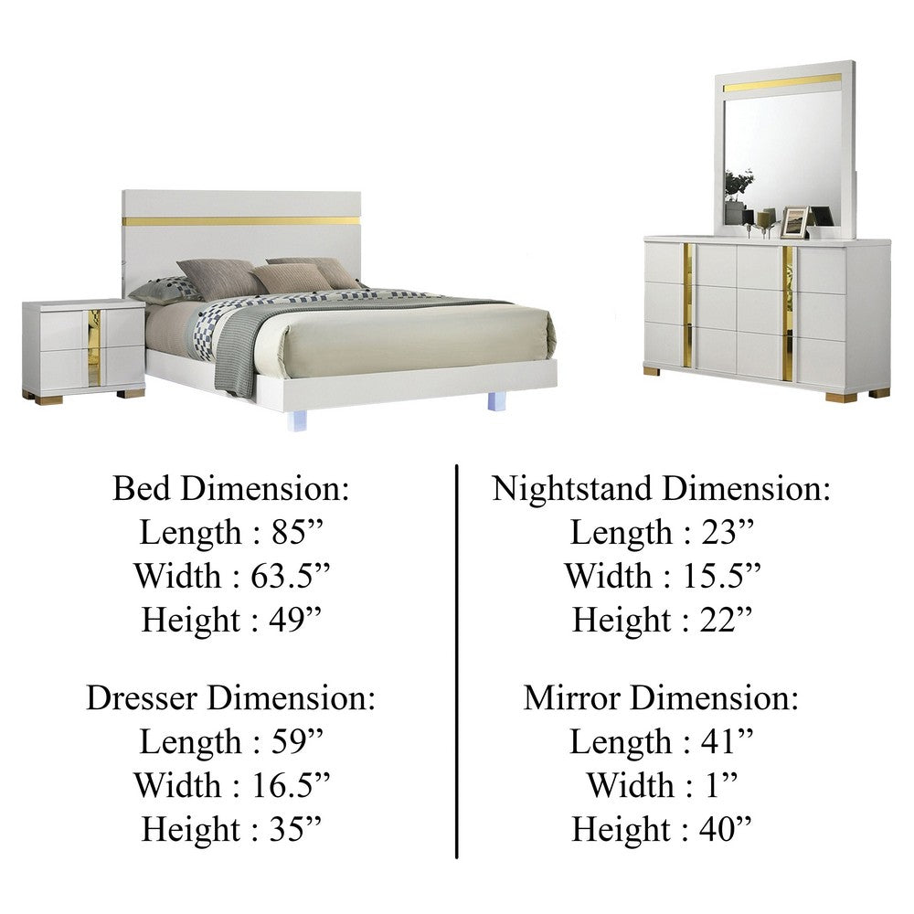 Yoki 4pc Queen Bedroom Set w Underbed LED | White Wood & Gold Accents