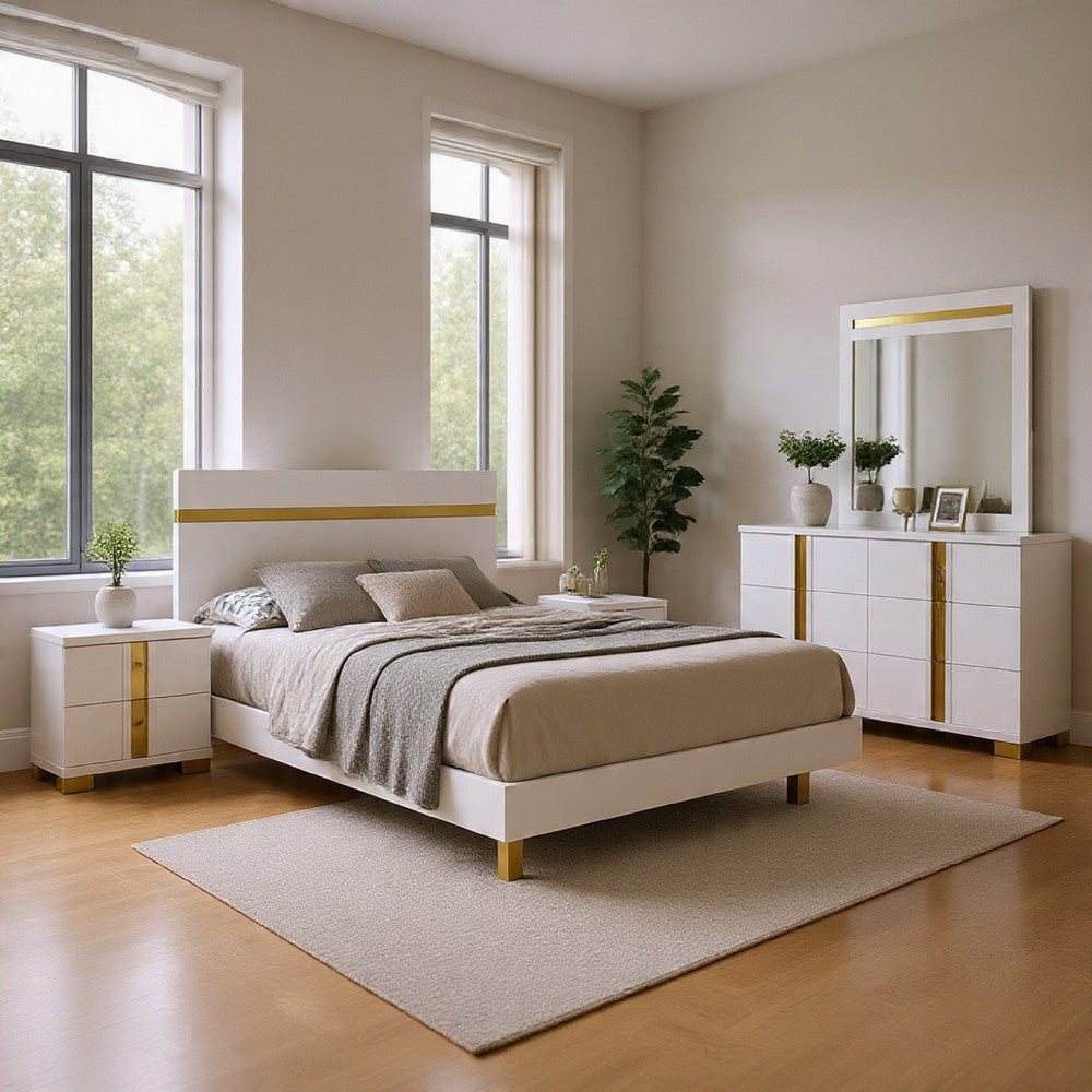 Yoki 4pc Queen Bedroom Set w Underbed LED | White Wood & Gold Accents