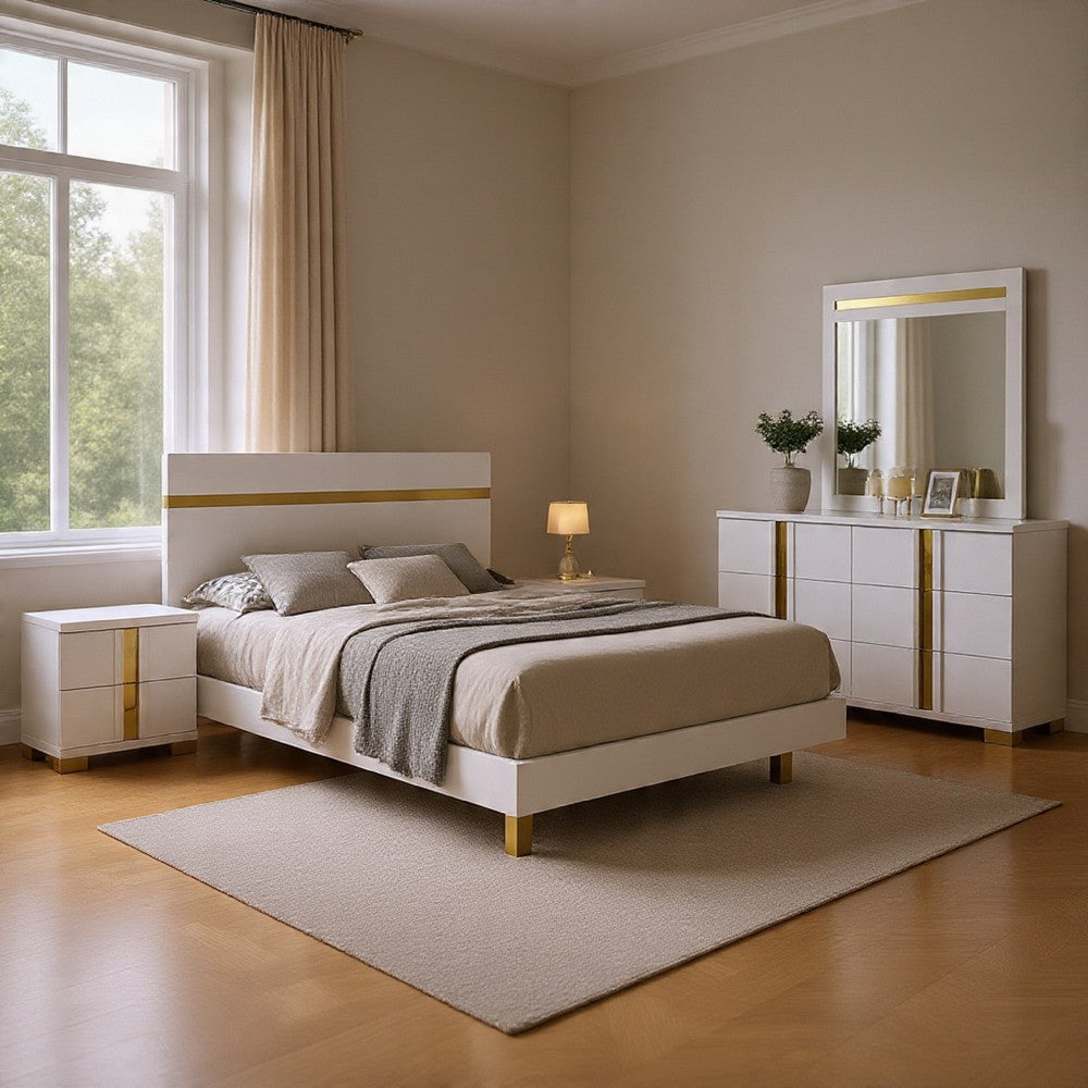 Yoki 4pc Queen Bedroom Set w Underbed LED | White Wood & Gold Accents