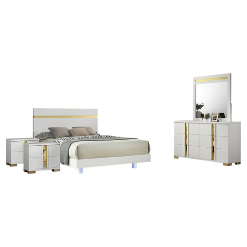 Yoki 5pc Queen Bedroom Set w Underbed LED | White & Gold | 2 Nightstands