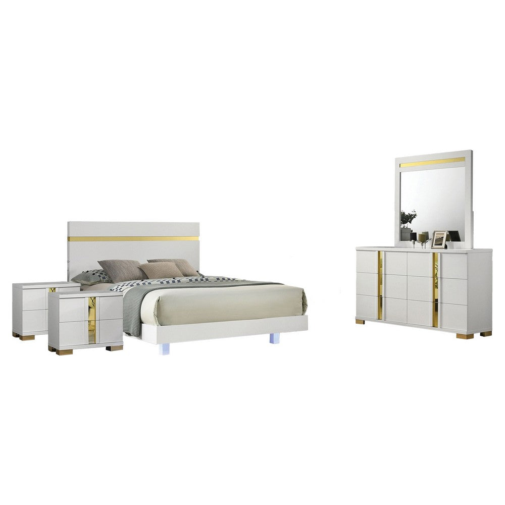 Yoki 5pc Queen Bedroom Set w Underbed LED | White & Gold | 2 Nightstands