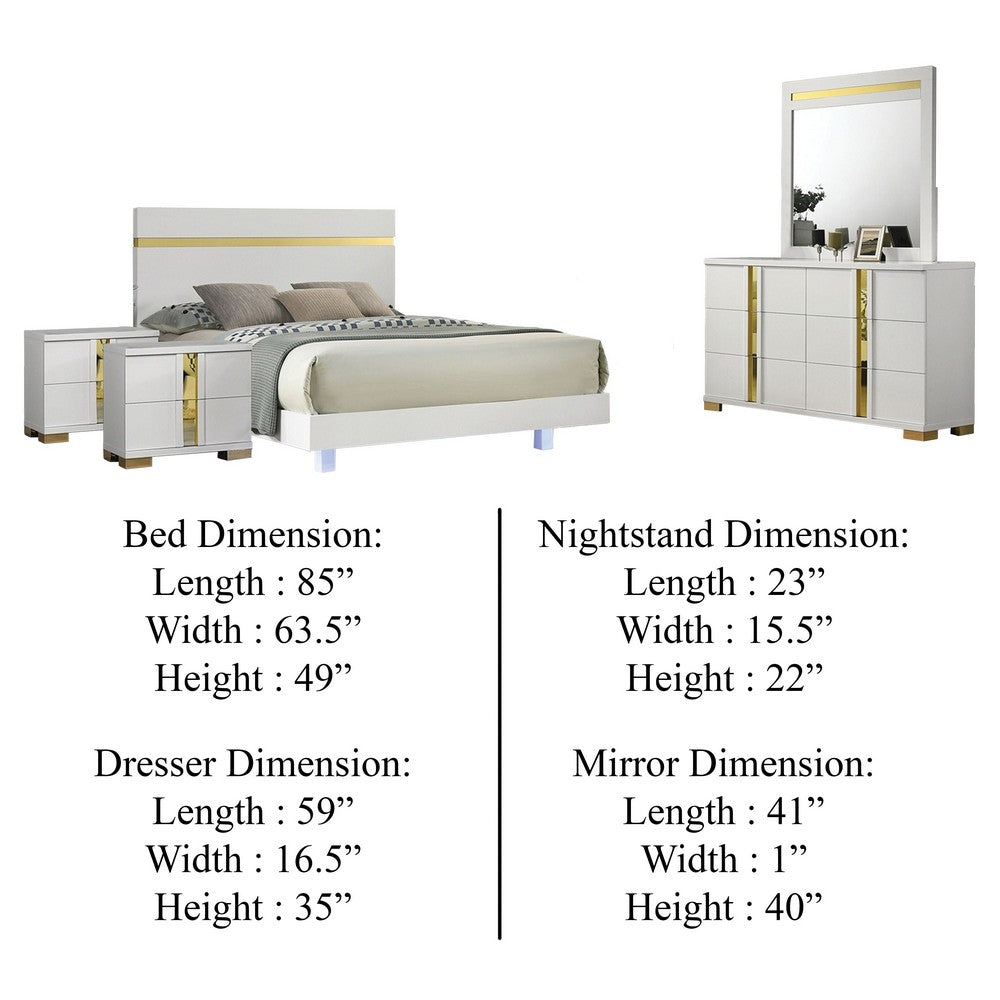 Yoki 5pc Queen Bedroom Set w Underbed LED | White & Gold | 2 Nightstands
