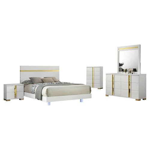 Yoki 5pc Queen Bedroom Set w Underbed LED | White & Gold | Tall Dresser