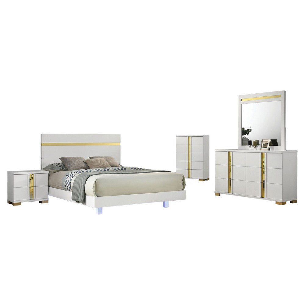 Yoki 5pc Queen Bedroom Set w Underbed LED | White & Gold | Tall Dresser