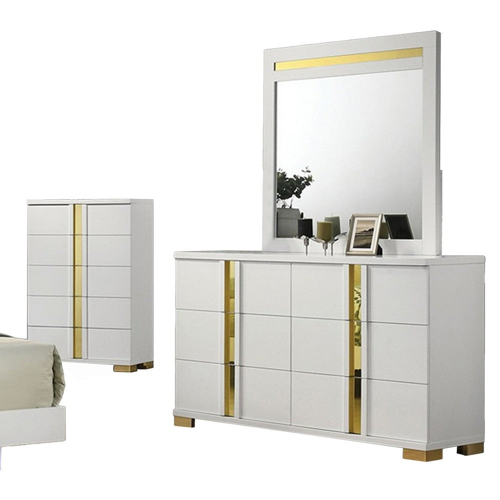Yoki 5pc Queen Bedroom Set w Underbed LED | White & Gold | Tall Dresser