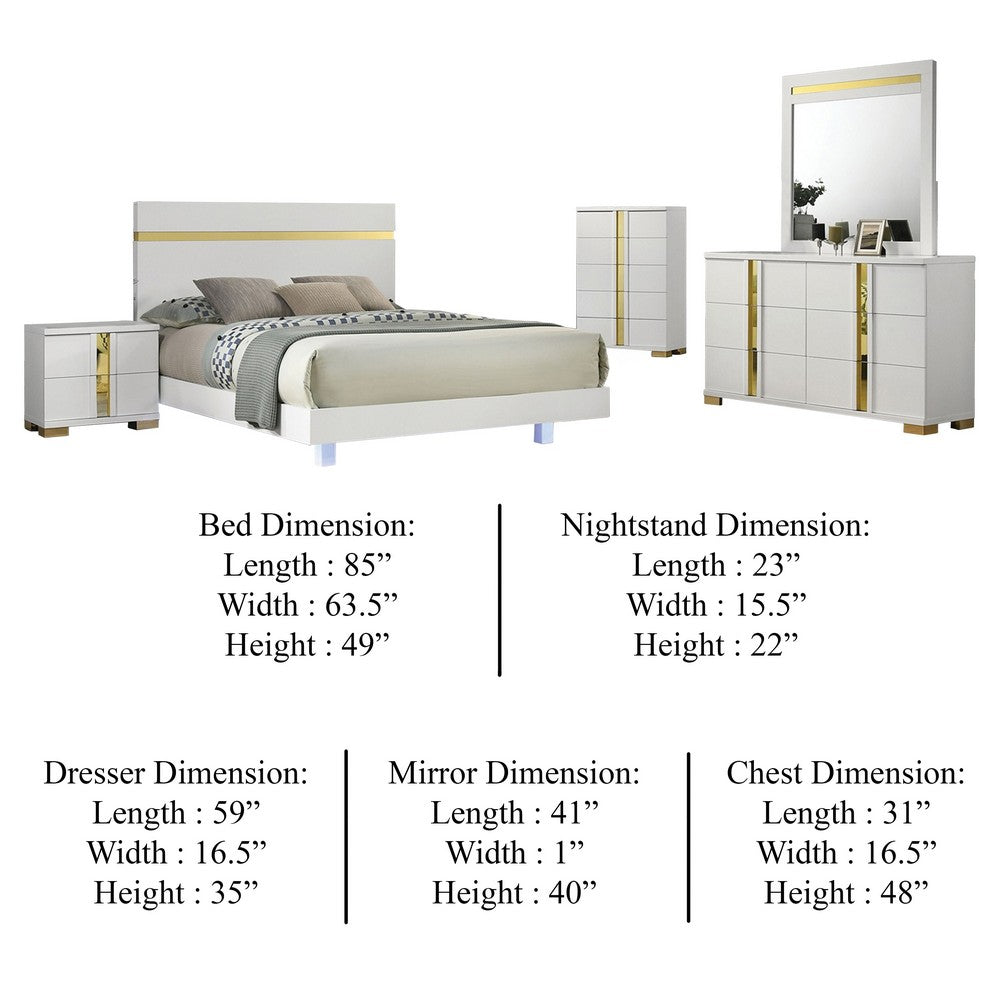Yoki 5pc Queen Bedroom Set w Underbed LED | White & Gold | Tall Dresser