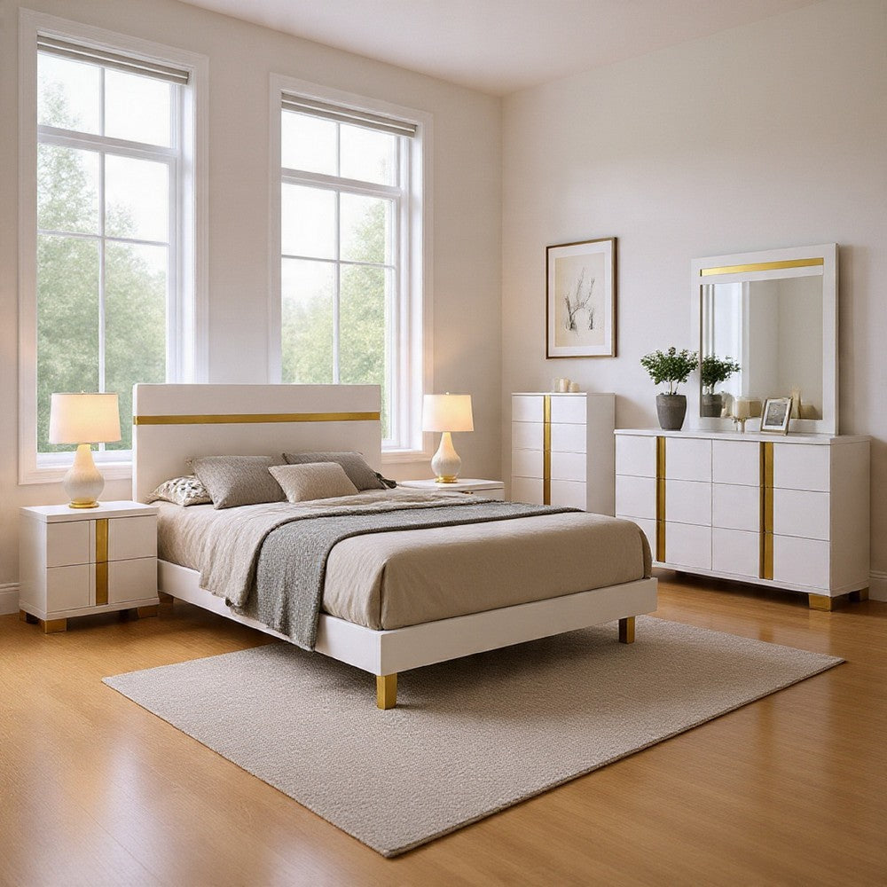 Yoki 5pc Queen Bedroom Set w Underbed LED | White & Gold | Tall Dresser