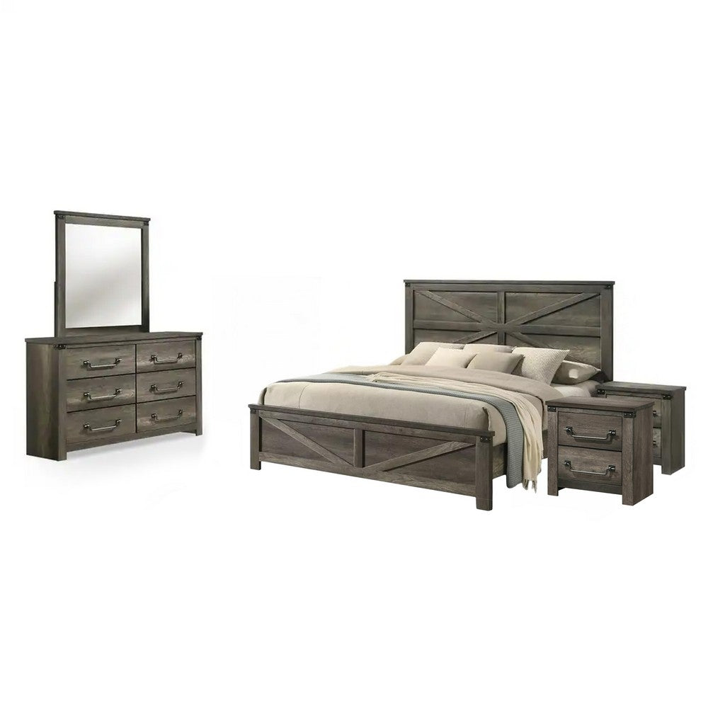 Bry 5pc Farmhouse Queen Complete Bedroom Set | Rustic Gray | 2 Nightstands