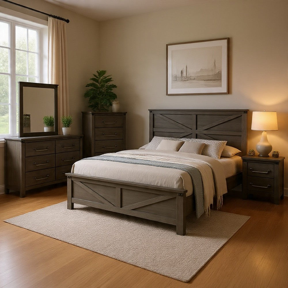Bry 5pc Farmhouse Queen Complete Bedroom Set | Rustic Gray | Tall Dresser
