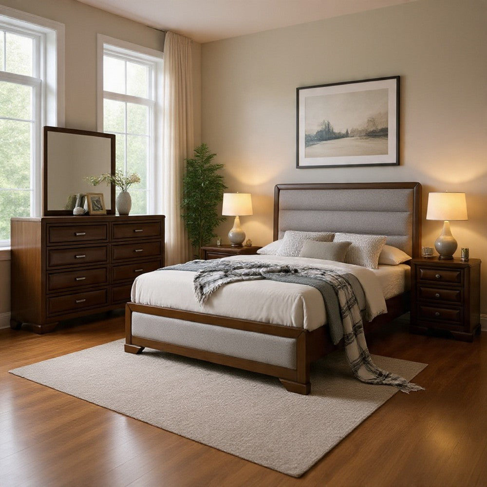 Cair 4pc Queen Bedroom Set | Channel Light Gray Upholstery | Brown