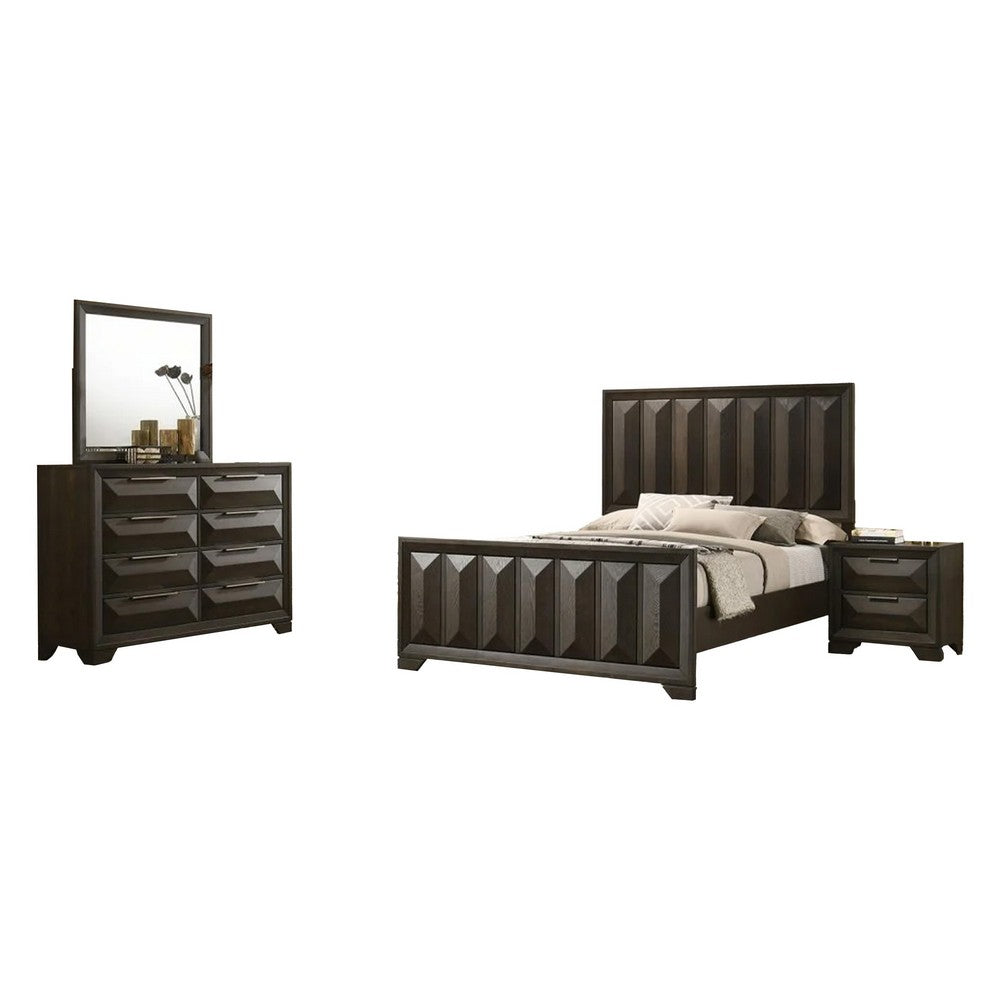 Fema 4pc Queen Bedroom Set | Vertical Faceted Panel Headboard | Brown