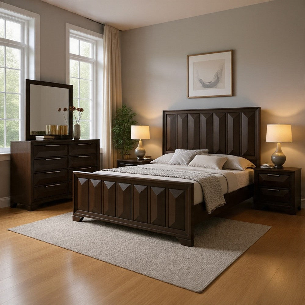 Fema 4pc Queen Bedroom Set | Vertical Faceted Panel Headboard | Brown