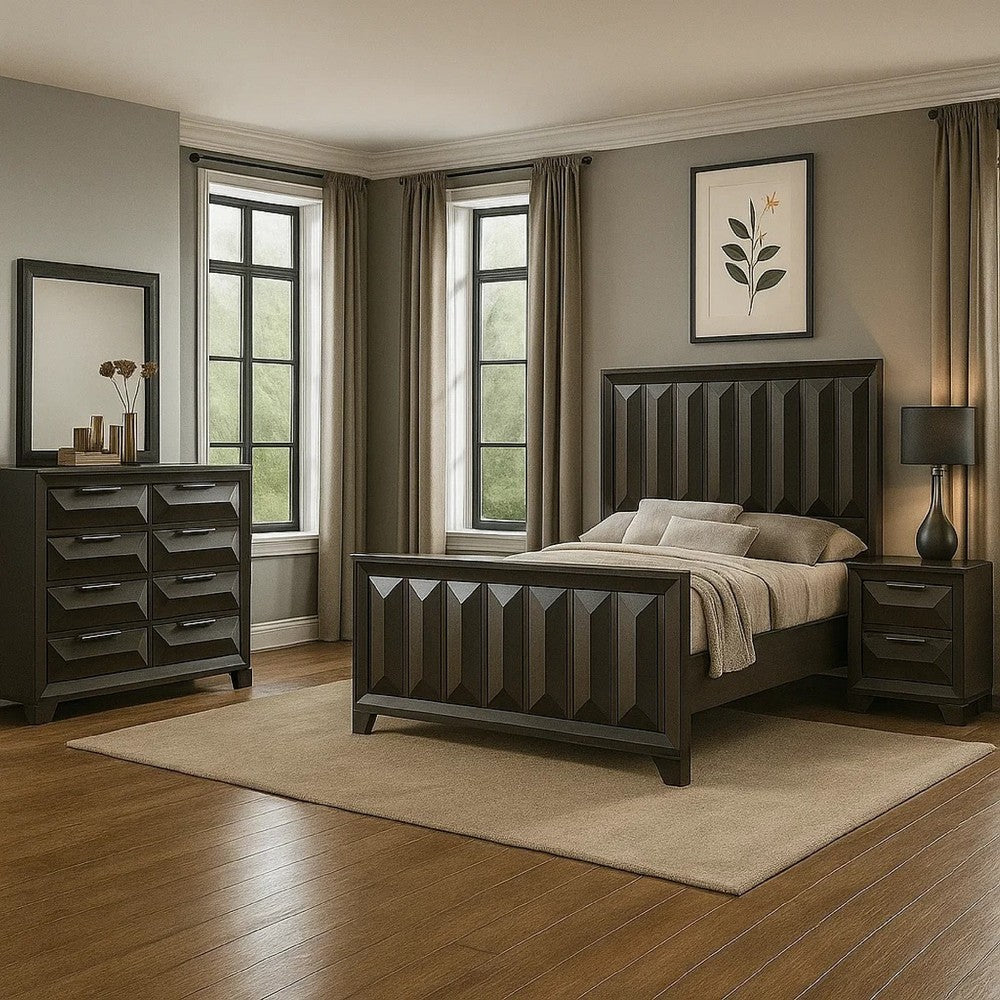 Fema 4pc Queen Bedroom Set | Vertical Faceted Panel Headboard | Brown