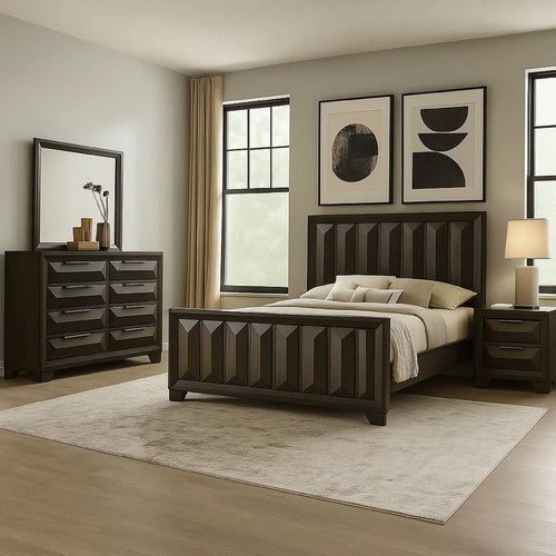 Fema 4pc Queen Bedroom Set | Vertical Faceted Panel Headboard | Brown