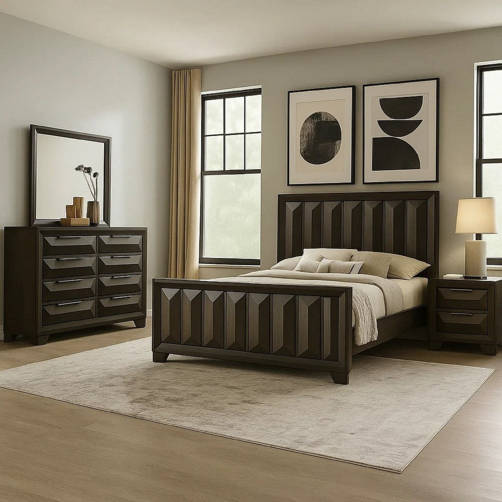 Fema 4pc Queen Bedroom Set | Vertical Faceted Panel Headboard | Brown