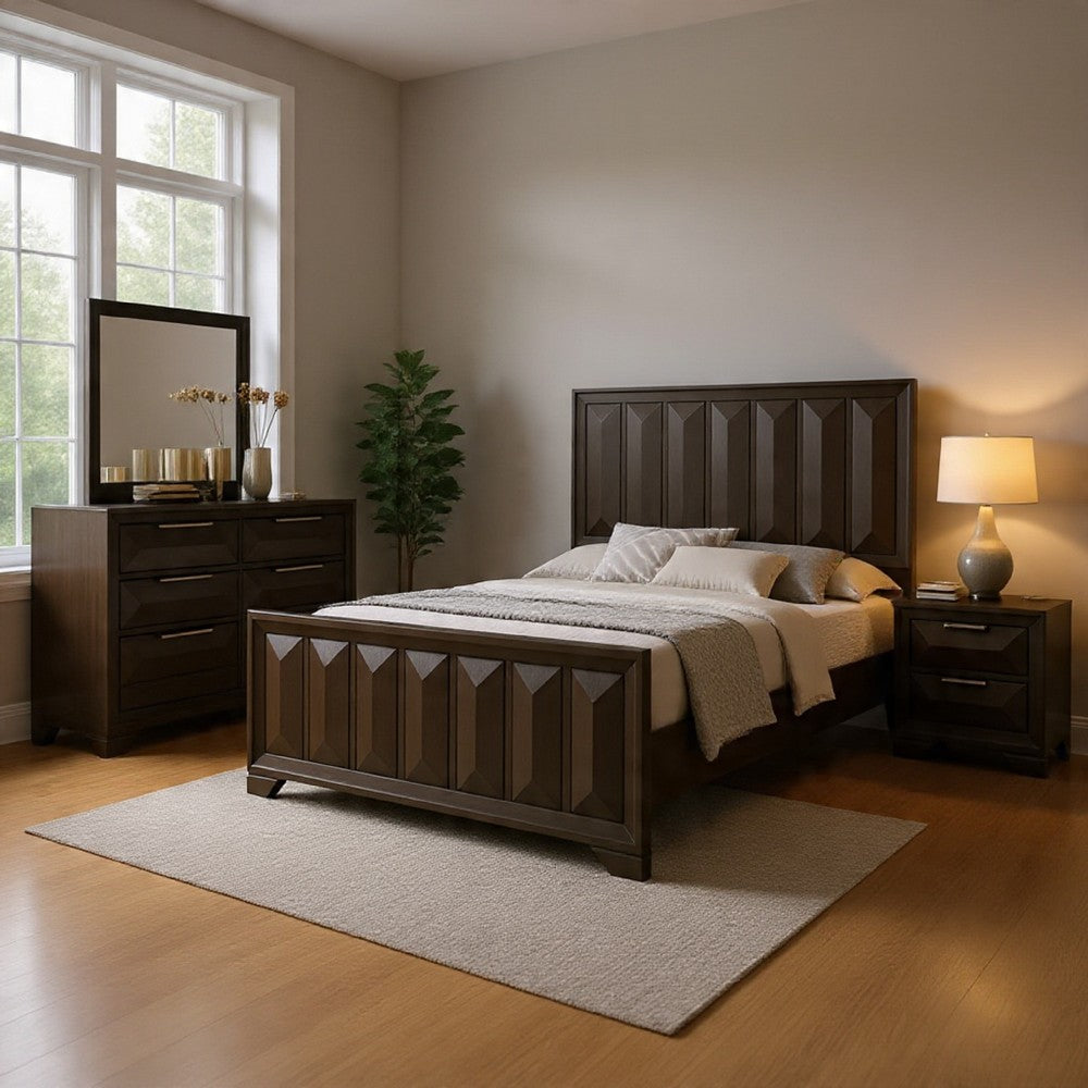 Fema 4pc Queen Bedroom Set | Vertical Faceted Panel Headboard | Brown