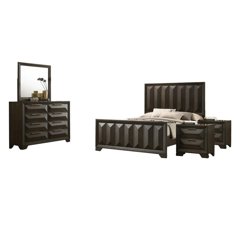 Fema 5pc Queen Bedroom Set | Vertical Faceted Panel | 2 Nightstands | Brown