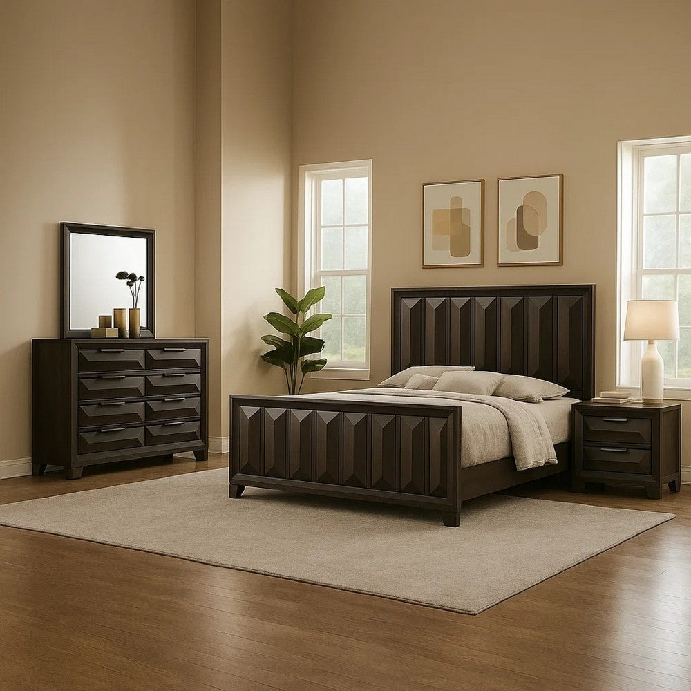 Fema 5pc Queen Bedroom Set | Vertical Faceted Panel | 2 Nightstands | Brown