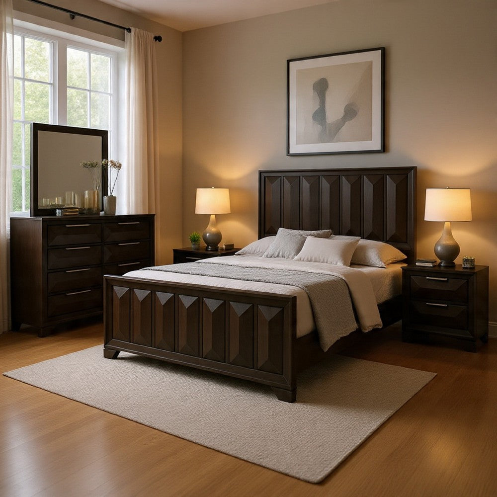 Fema 5pc Queen Bedroom Set | Vertical Faceted Panel | 2 Nightstands | Brown