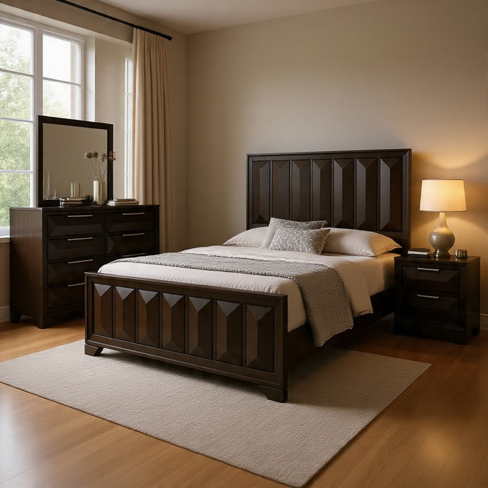 Fema 5pc Queen Bedroom Set | Vertical Faceted Panel | 2 Nightstands | Brown