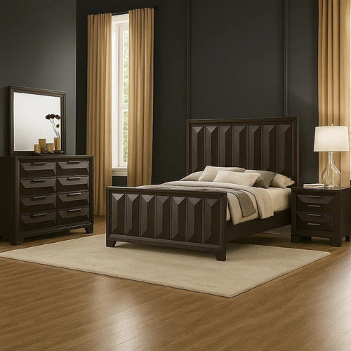 Fema 5pc Queen Bedroom Set | Vertical Faceted Panel | 2 Nightstands | Brown