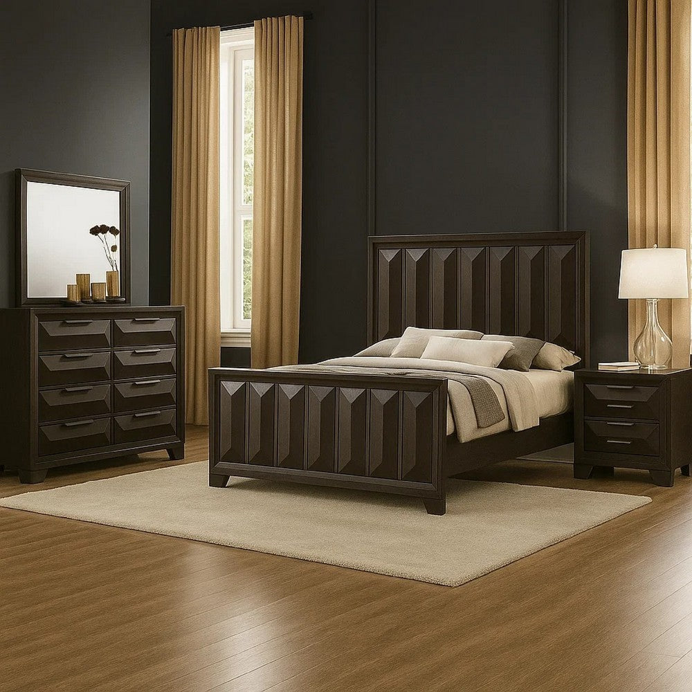 Fema 5pc Queen Bedroom Set | Vertical Faceted Panel | 2 Nightstands | Brown