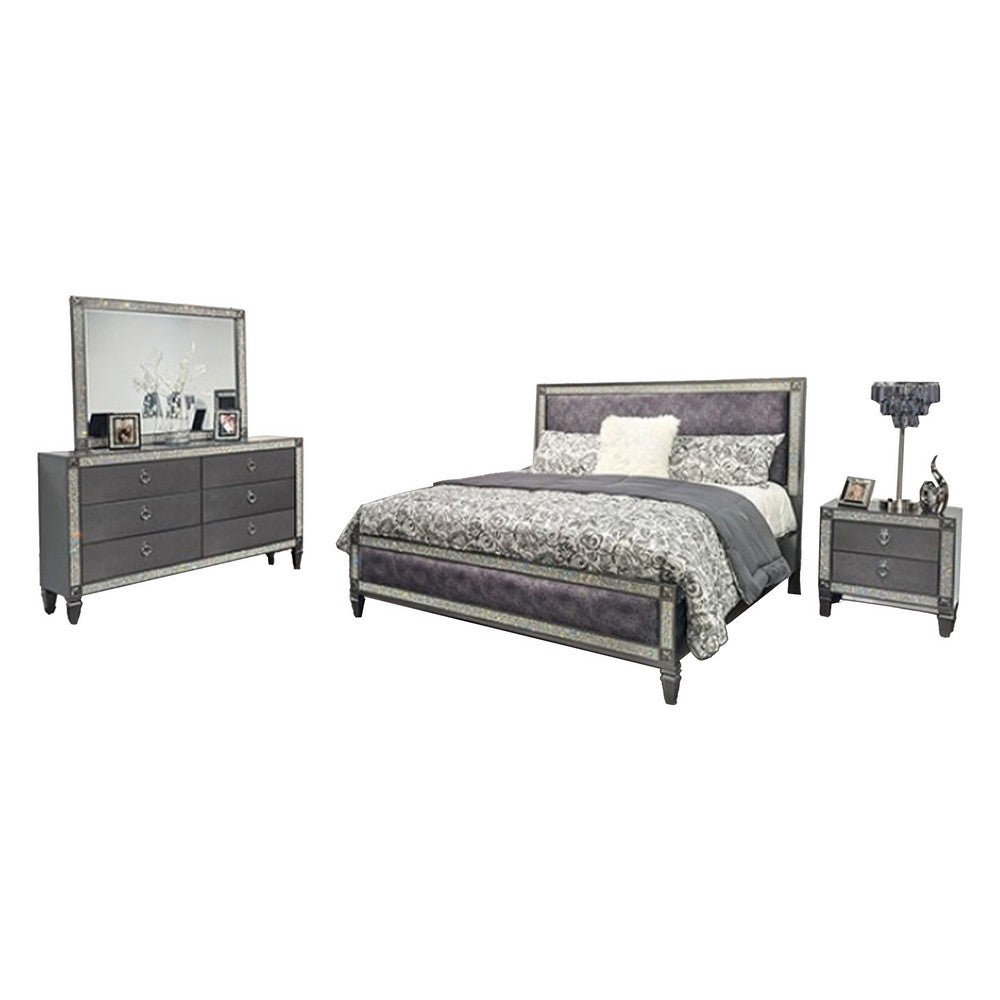 Laine 4pc Queen Bedroom Set | Gray Upholstered Headboard & Crystal Trim
