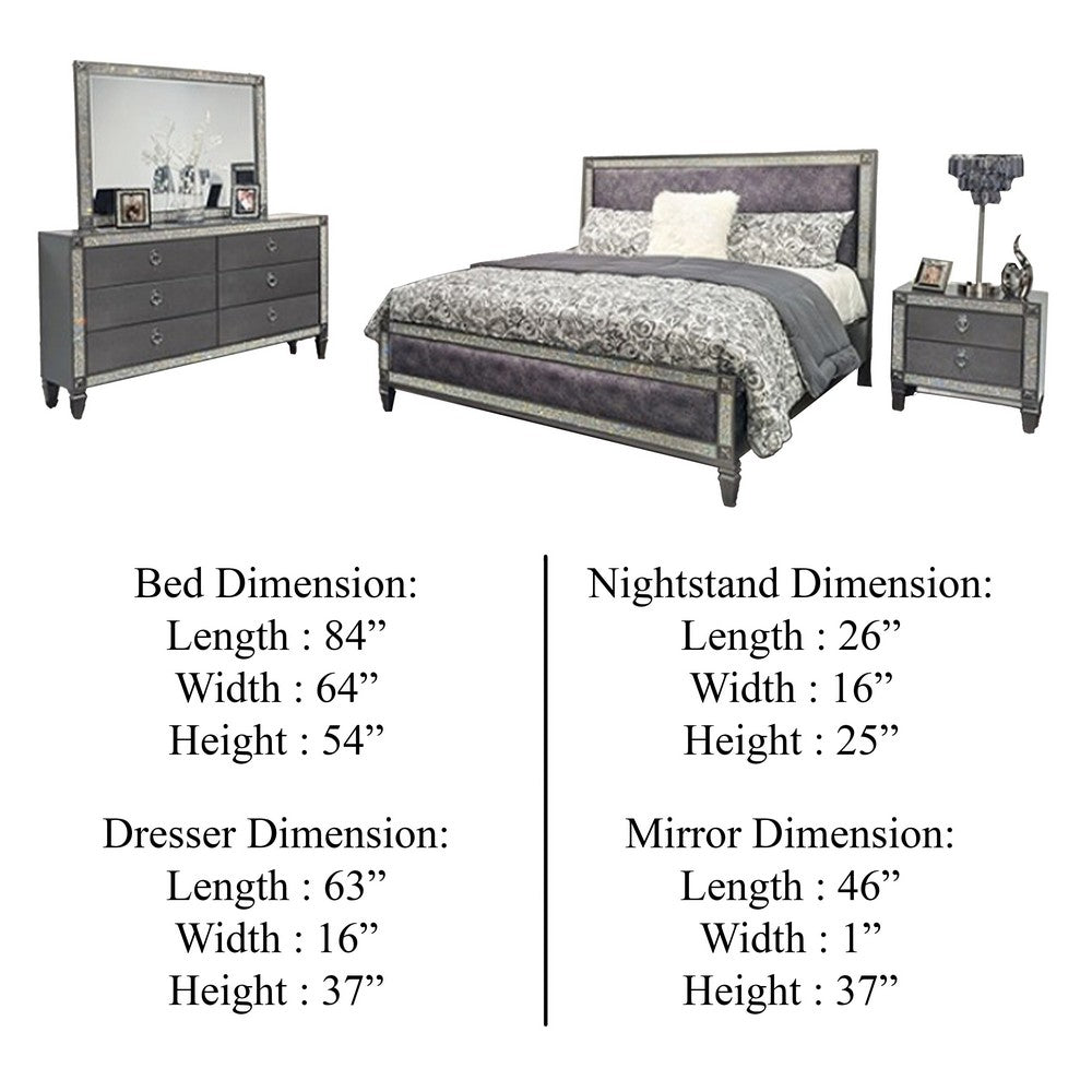 Laine 4pc Queen Bedroom Set | Gray Upholstered Headboard & Crystal Trim