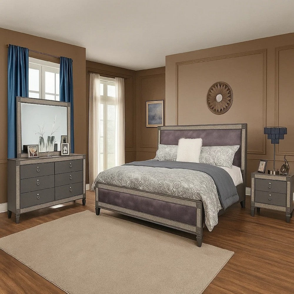 Laine 4pc Queen Bedroom Set | Gray Upholstered Headboard & Crystal Trim