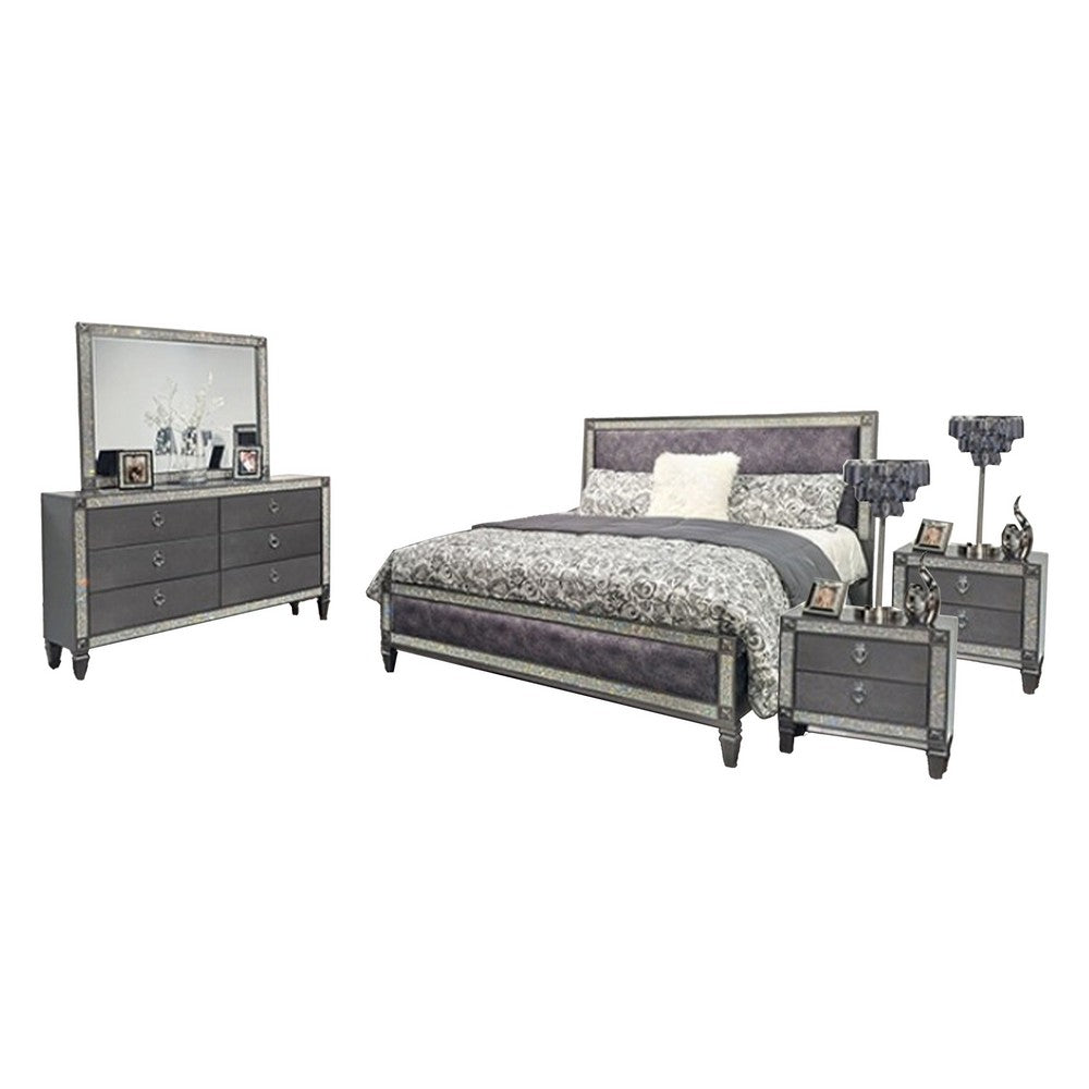 Laine 5pc Queen Bedroom Set | 2 Nightstands | Crystal Trim Gray Upholstery